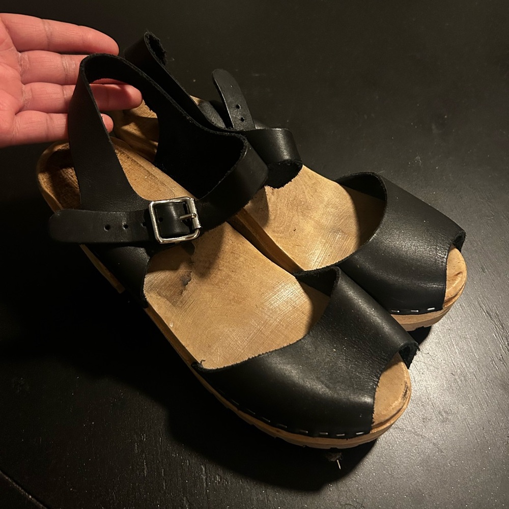 MIA Black Leather Wooden Clogs - Picture 2 of 8